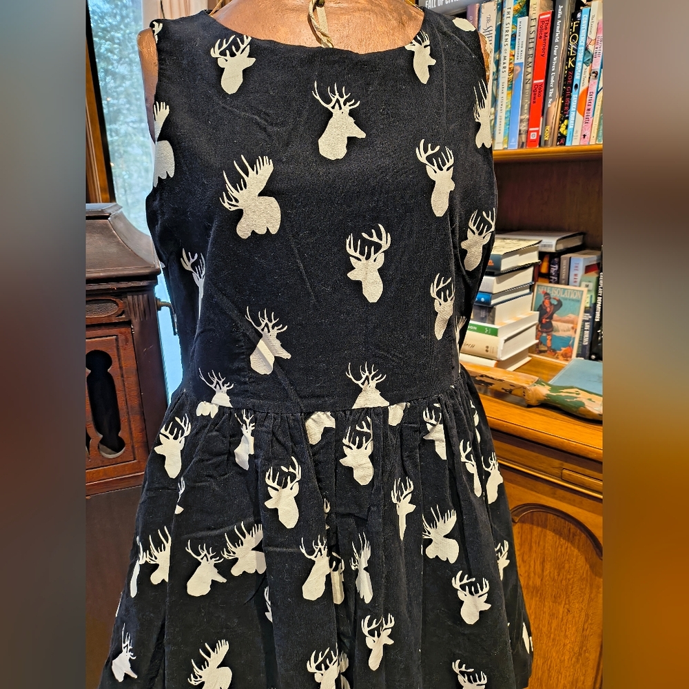 Knitted Dove OG Modcloth Black Dress with White Deer And Moose Print Corduroy Si